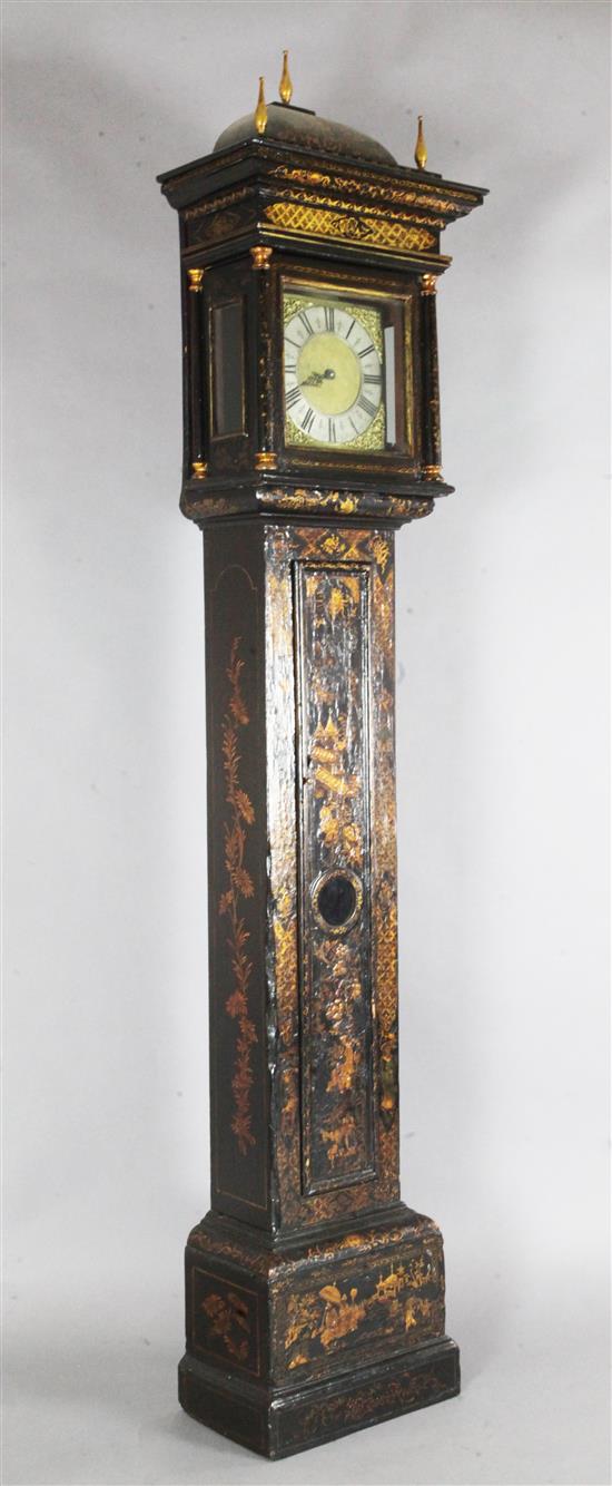 Humphrey Marsh of Highworth. An early 18th century chinoiserie lacquered thirty hour longcase clock, H.7ft 7in.